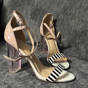 Wild Diva Nude and Black Striped Heels with Clear Block